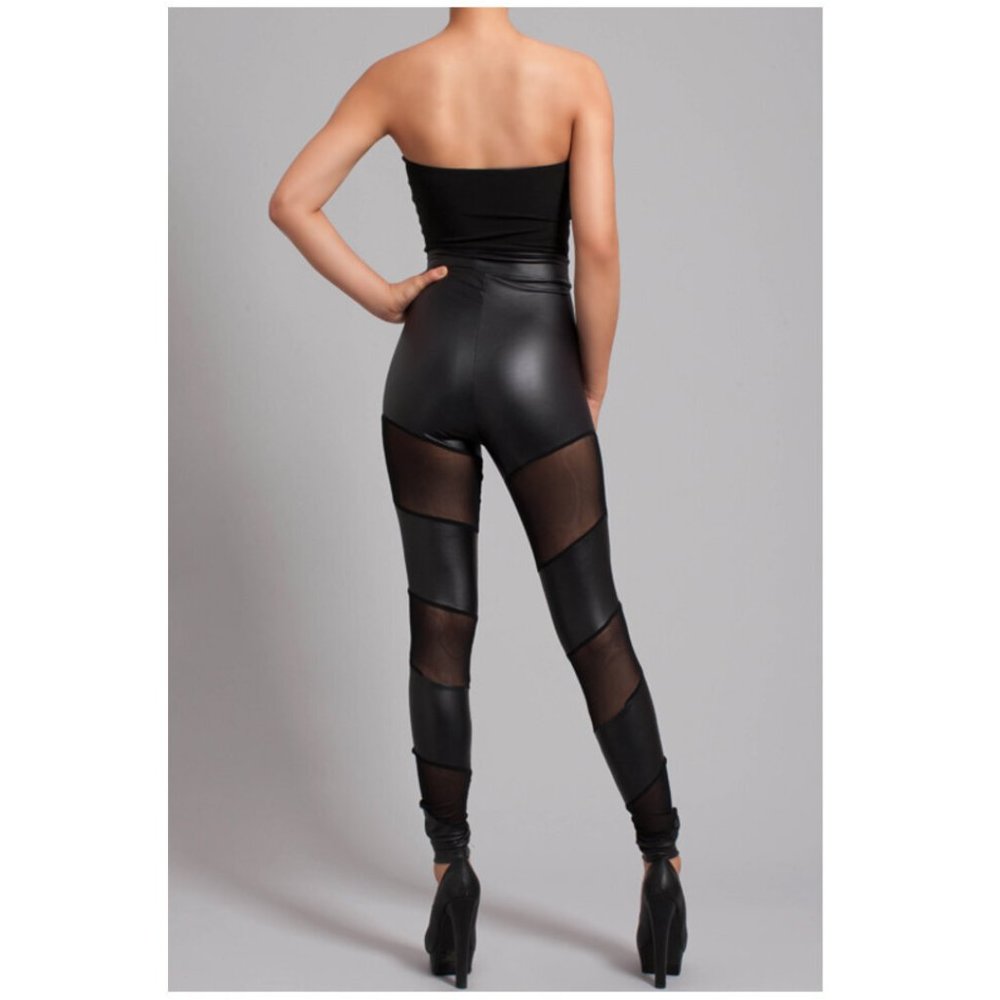 Black Mesh Faux Leather Skinny Leggings Bodysuit - Picture 2 of 4